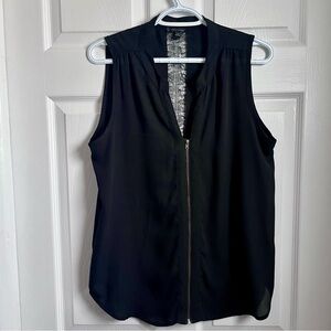 Attitude Top Blouse Mesh Open Back Black Large Women Zip Sleeveless V-Neck